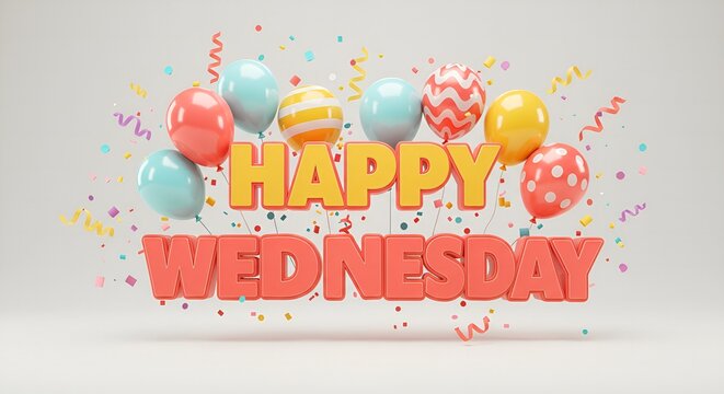  A bright and cheerful 3D-rendered image with bold yellow and red text reading "Happy Wednesday," surrounded by colorful balloons, confetti, and streamers. The background is a neutral white, making th