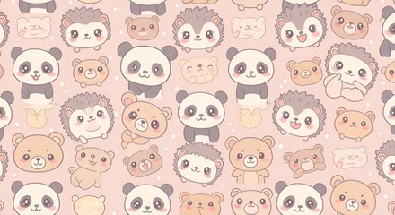 Obraz premium A soft pastel pink seamless pattern featuring adorable pandas, hedgehogs, and bears with large round eyes and friendly expressions. 