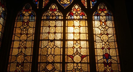 Warm golden sunlight filtering through ornate stained-glass church windows &ndash; ideal for faith-based content, religious websites, and spiritual designs