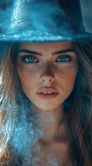 Mysterious woman in blue hat with intense gaze