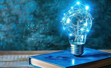 The image of a light bulb over an open book, alongside rising  market graphs, captures the essence of educational knowledge and business concepts. It reflects the power of reading to inspire new