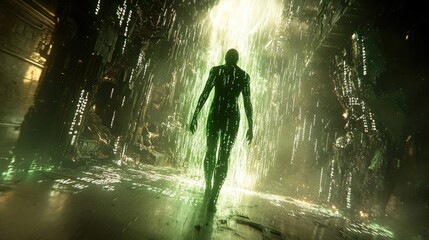 Obraz premium Digital figure walking through a futuristic, ruined temple, bathed in ethereal green light