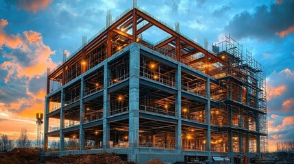 Obraz premium Construction Site at Sunset: A Modern Building Under Construction