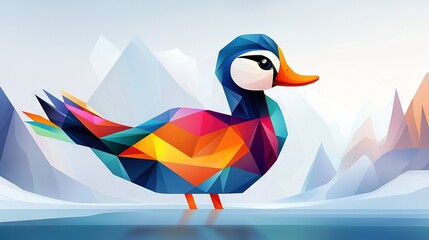   Colorful bird atop lake beside snow-covered mountain range