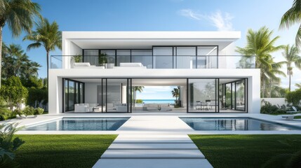 A luxurious modern villa with an open-plan living room, floor-to-ceiling windows, and sliding doors leading to a beautiful pool terrace