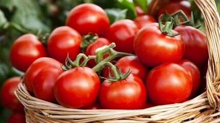 Freshly harvested red tomatoes in a woven basket, surrounded by lush green foliage