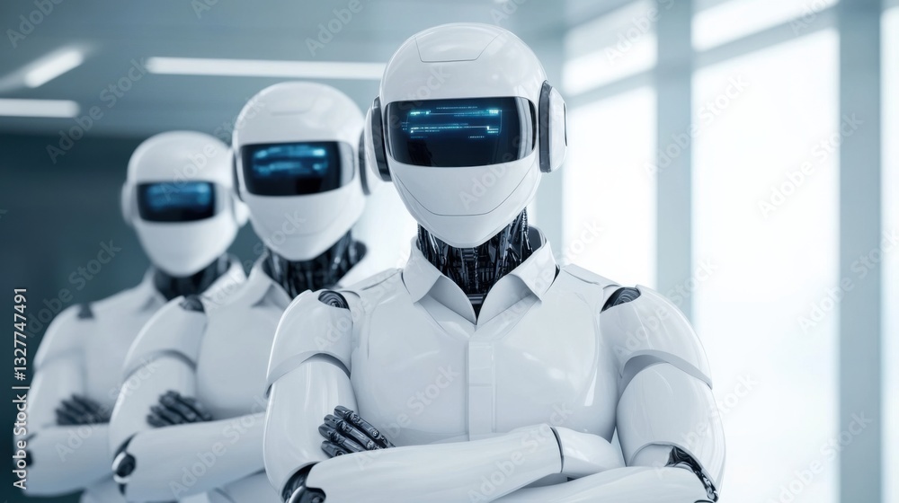 Poster futuristic robots in modern office environment with tech-inspired design and stylish appearance