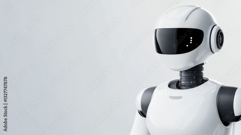 Poster futuristic white robot character with smooth design and sleek accessories in minimalist background