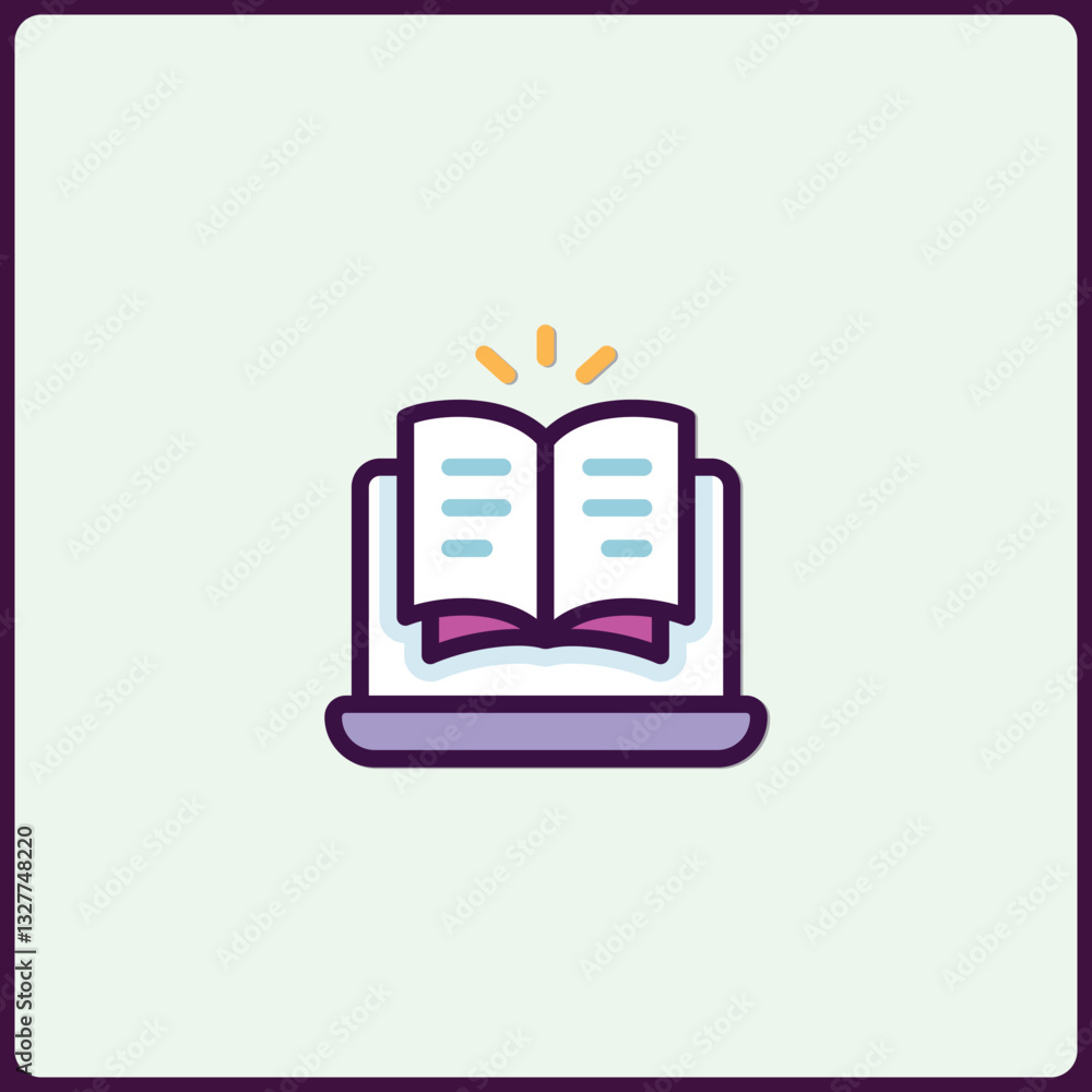 Poster minimalist icon design of an open book on a laptop screen displaying knowledge