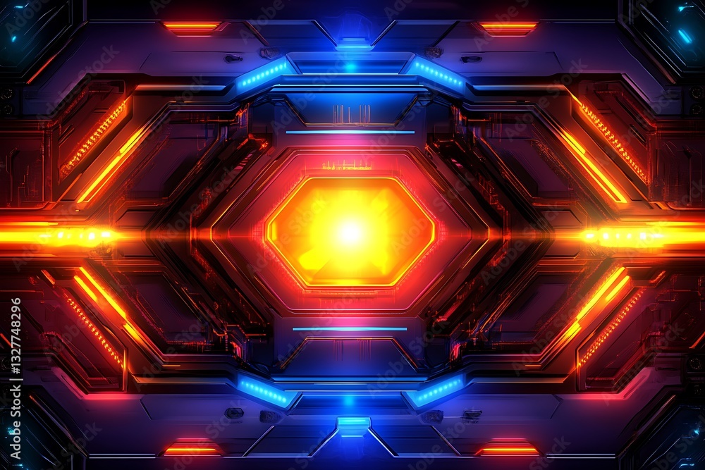 Poster futuristic technological interface with glowing elements and hexagonal center