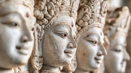Several stone sculptures of human faces side by side are shown