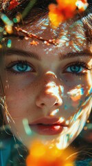 Womans face illuminated by sunlight and nature reflections