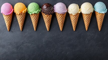   Five ice cream cones aligned in a row on black background, chalkboard in backdrop