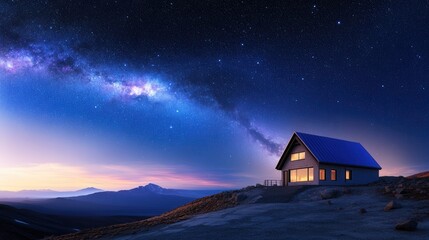 Fototapeta premium Serene Mountain House Under Starry Sky Promoting Tranquility and Nature's Beauty at Dusk