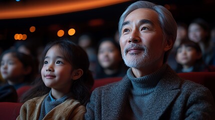 Grandfather and Granddaughter Enjoy a Performance Together in a Theater Filled With an Audience at Night