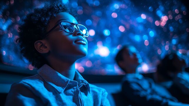 Children Observing a Captivating Star Display in a Planetarium During an Educational Session at Nighttime