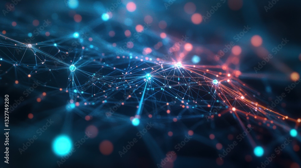 Poster abstract representation of a digital network with interconnected nodes and glowing lines, symbolizin