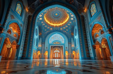 Obraz premium Interior of a Grand Mosque with Vibrant Blue Walls, Intricate Patterns, and a Majestic Chandelier