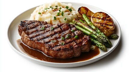 Grilled Steak with Creamy Mashed Potatoes and Fresh Vegetables on a Plate - Perfect for Culinary Promotions, Restaurant Menus, and Food Photography