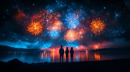 Naklejka premium Colorful Fireworks Illuminate the Night Sky Over a Calm Lake as Silhouettes of Three People Watch in Awe During a Summer Celebration
