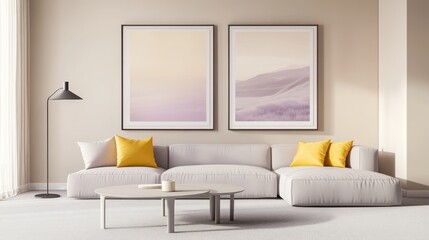 A minimalist living room featuring two large framed prints in soft lavender and blush tones behind a light grey sofa