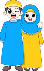 Happy Muslim Boy and Girl in Traditional Islamic Clothing Smiling Together