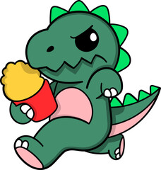 Cute Angry Dinosaur Eating French Fries Cartoon Illustration