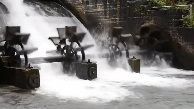 Old Water Wheels in Motion Powered by Flowing River for Sustainable Energy in 4K