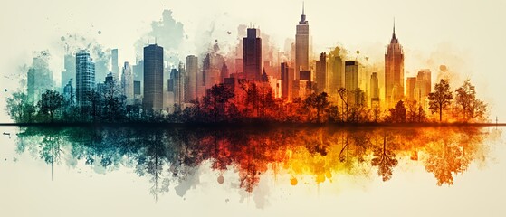 Fototapeta premium Vibrant City Skyline With Reflective Water and Colorful Trees Showcasing an Urban Landscape During Sunset