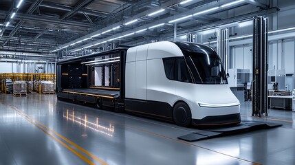 Electric Delivery Truck Designed for Efficient Logistics Operations in a Modern Warehouse Environment at Night