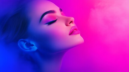 Portrait of a woman with vibrant makeup in a colorful haze, showcasing beauty and elegance
