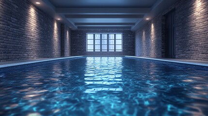 Fototapeta premium Elegant Indoor Swimming Pool With Soft Lighting and Reflective Water in a Serene Setting