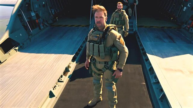 Soldiers confidently stride from aircraft onto ramp, soldiers display determination with wind blowing through hair, gear secured firmly, eyes forward focused on upcoming crucial mission.