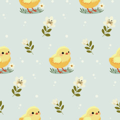 A simple Easter pattern in a flat style with chicken and flowers arranged in a repeating design. Background for textiles, fabrics, cotton fabric, covers, wallpaper, print, gift wrapping, cards.