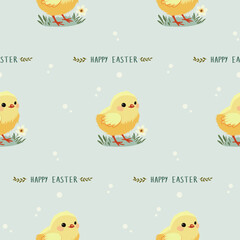 A simple Easter pattern in a flat style with chicken and flowers arranged in a repeating design. Background for textiles, fabrics, cotton fabric, covers, wallpaper, print, gift wrapping, cards.