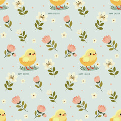 A simple Easter pattern in a flat style with chicken and flowers arranged in a repeating design. Background for textiles, fabrics, cotton fabric, covers, wallpaper, print, gift wrapping, cards.