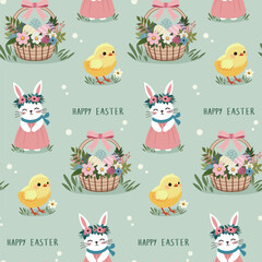 A simple Easter pattern in a flat style with bunnies, eggs, chickens and flowers in a repeating design. Background for textiles, fabrics, cotton fabric, covers, wallpaper, print, gift wrapping, cards.