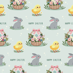 A simple Easter pattern in a flat style with bunnies, eggs, chickens and flowers in a repeating design. Background for textiles, fabrics, cotton fabric, covers, wallpaper, print, gift wrapping, cards.