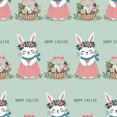 A simple Easter pattern in a flat style with white rabbit with flowers, baskets with flowers and Easter eggs. Background for textiles, cotton fabric, covers, wallpaper, print, gift wrapping, cards. 
