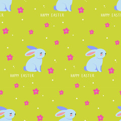 A simple Easter pattern in a flat style with bunnies and flowers arranged in a repeating design. Background for textiles, fabrics, cotton fabric, covers, wallpaper, print, gift wrapping, cards. 
