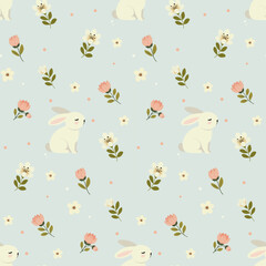 A simple Easter pattern in a flat style with bunnies  and flowers arranged in a repeating design. Background for textiles, fabrics, cotton fabric, covers, wallpaper, print, gift wrapping, cards.