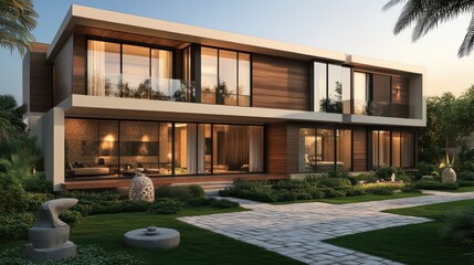 A modern Dubai villa with a sleek exterior, featuring expansive windows and wooden finishes, and a spacious balcony on the second floor