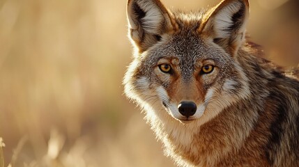 Fototapeta premium Portrait of cunning coyote with sharp features golden eyes and thick fur A desert landscape in soft focus adds depth to this high detail wildlife shot