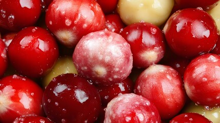 Closeup of Fresh Red and Yellow Cranberries, Juicy Berries Texture