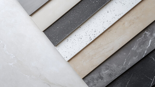 大理石の上に並ぶ高級セラミックタイルのサンプル