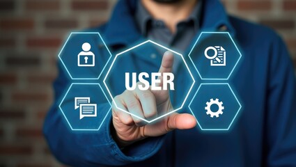 Man interacts with a virtual touch screen selecting a user guide inscription. User Manual Guide Communication Concept.