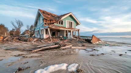 A damaged house stands amid debris on the sandy beach