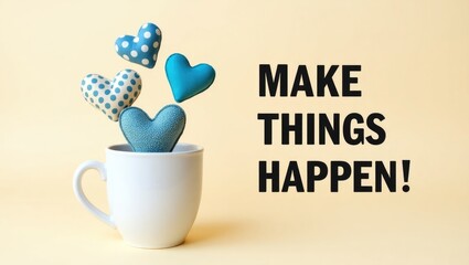 Cushions emerging from a coffee cup with the message Make Things Happen!