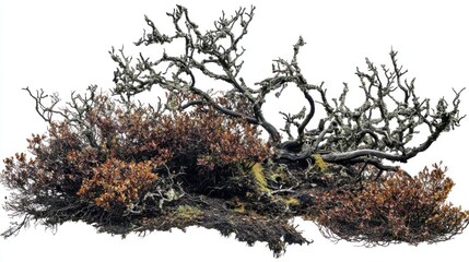 Twisted Dead Tree Mossy Branches Autumnal Shrubs Isolated Background
