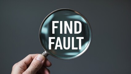 Magnifying glass displaying the text Find Fault. Dark grey backdrop.